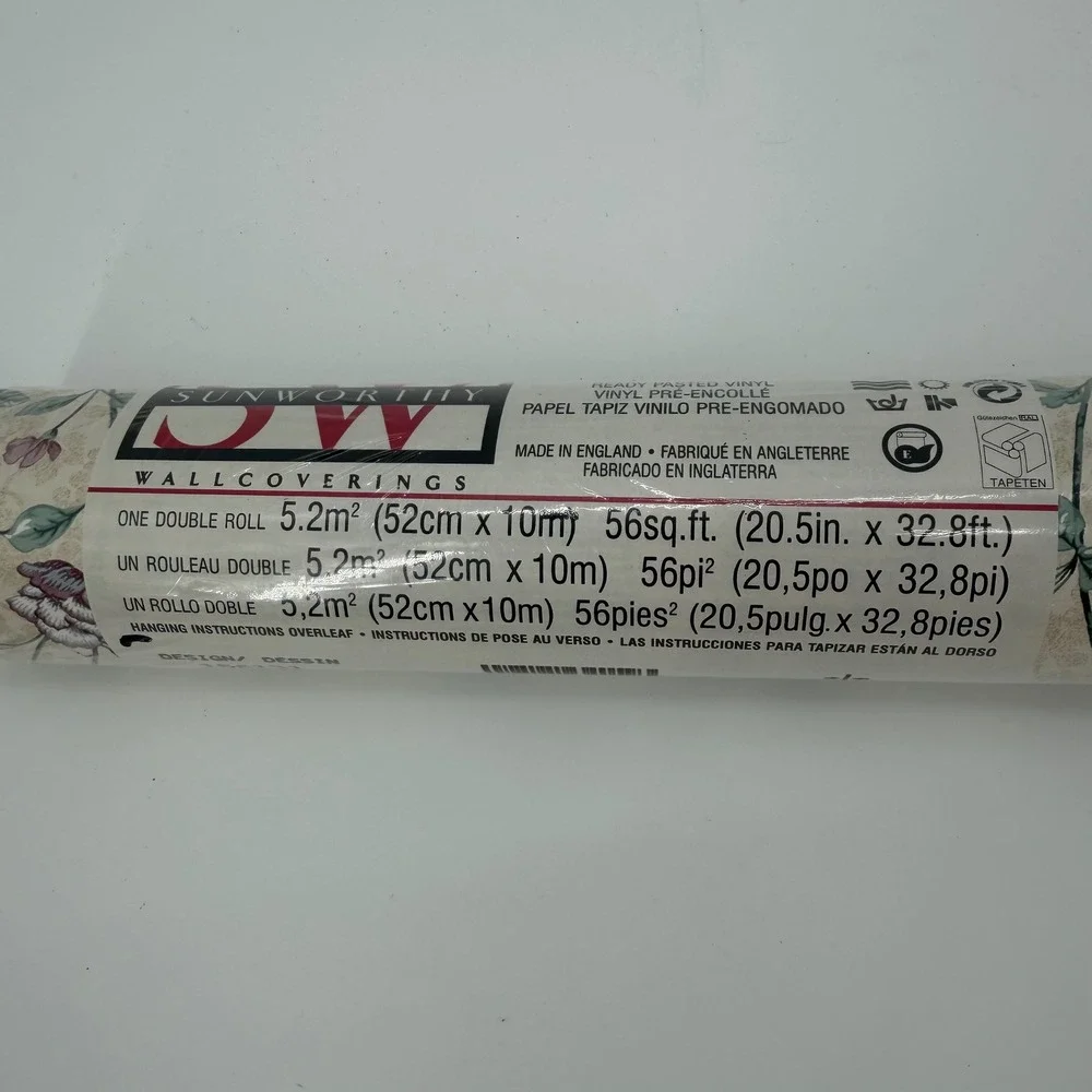 Vintage Sunworthy Floral Vinyl Wallpaper Cream Double Roll 56 sq ft 156131